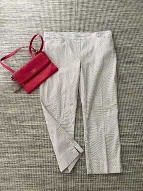 Hilary Radley Gray White Stripe Seersucker  Pull On Ankle Pant X Large